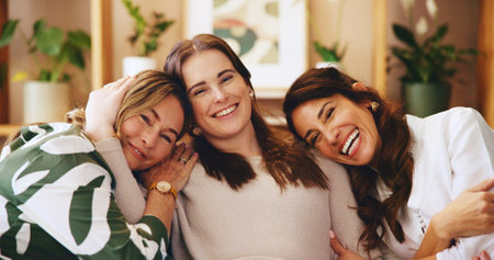 Senior woman, daughter and granddaughter in home, bonding or portrait with connection on sofa. Happiness, laughing with female people and healthy relationship, generations and support in family houseの写真素材