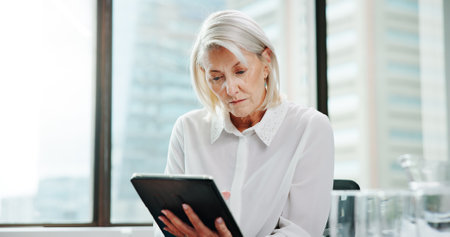 Reading, research and tablet with business woman in office for accounting, development or reporting. App, data and finance with mature accountant in workplace for budget or wealth managementの写真素材