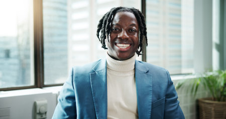 Smile, portrait and black man in workplace for business as regulatory affairs specialist in office. Happy, employee and professional worker, compliance officer and policy development coordinatorの写真素材