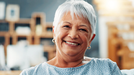 Senior, woman and smile with portrait in home for relax, comfortable and peaceful in retirement....