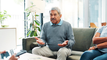 Marriage therapy, talking and old man with therapist, divorce risk and communication in retirement. Counselling, senior couple and elderly woman with consultation, advice and psychology with helpの写真素材