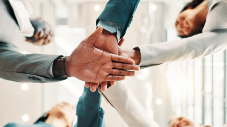 Stack of hands, collaboration and business people in office with goals, achievement or unity....