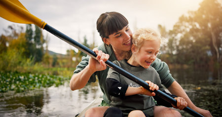 Kayak, mother and child with support in lake, water activity and adventure for bonding together....