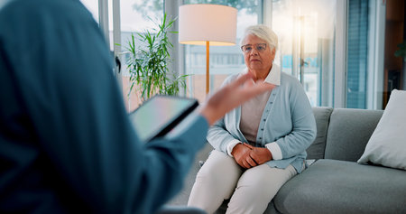 Tablet, meeting and financial advisor with old woman in office for retirement fund, debt counseling and bankruptcy. Investment loss, planning and broker with senior person for account savingsの写真素材