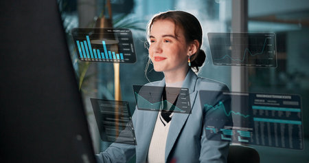 Happy woman, computer and night with hud statistics or hologram for online trading or market...