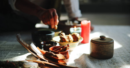 Crystal, healing and hands of person on floor for spiritual meditation, holistic treatment and...