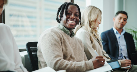 Interview, book or portrait of businessman in waiting room for hiring, CV info or human resources. Resume, writing or line for recruitment process, employment documents or job application opportunityの写真素材