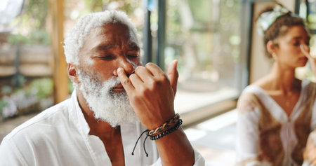 Meditate, nose and man with alternate breathing for calm mindset, zen and inner peace with group....