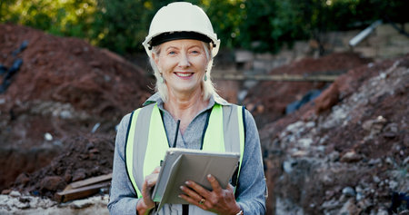 Building, portrait and tablet with construction worker woman on excavation site for development or...