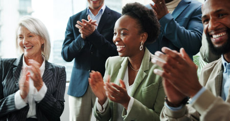 Business, people and audience with applause in seminar for company excellence, recognition or celebration. Financial conference, employees and clapping hands for finance growth, good news and supportの写真素材
