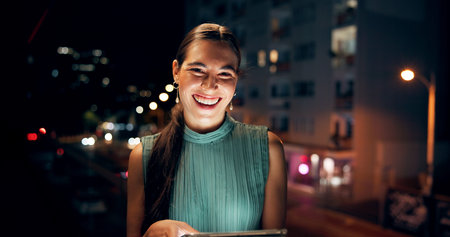 City, night and portrait of business woman with tablet for networking, internet and website for...