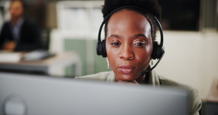 Woman, face and thinking at computer for call center, communication or CRM with help desk for...