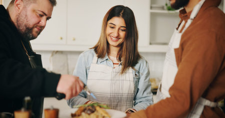 Kitchen, learning and couple with chef, help and cooking with nutrition, technique and meal prep....