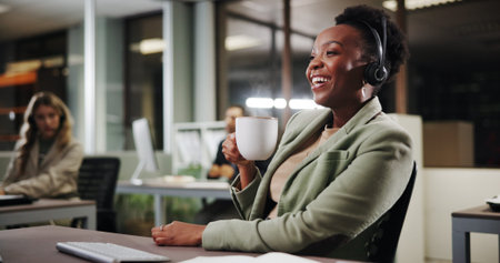 Coffee, happy woman or computer for customer service advice, sales consulting or loan help in night....