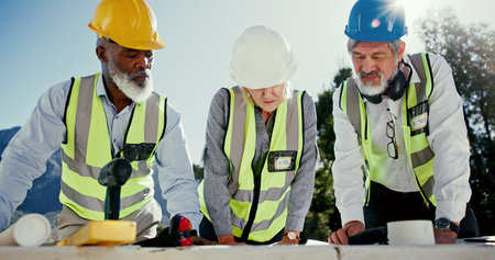 People, team and outdoor with planning for engineering, check design or collaboration on...