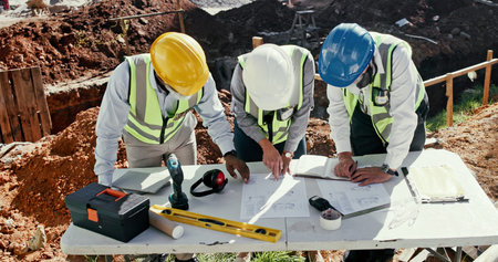 Blueprint, people and team on construction site for planning, check design or engineering...