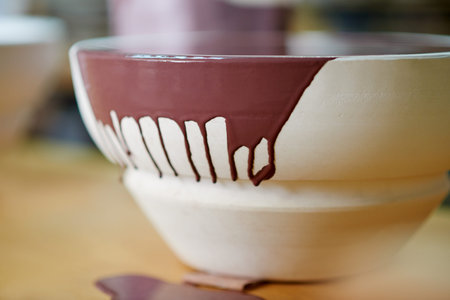 Clay, bowl and painting of pottery craft for art process, glazing preparation and creative design. Sculpture, creation and manufacturing for diy project, decoration pattern and artwork for productionの写真素材