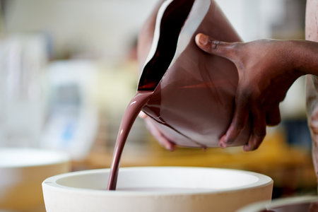 Pottery, art and person with paint in workshop for design, artistic work and clay object in studio. Hands, creative and artist with color for ceramic bowl for diy hobby, craft and pattern decorationの写真素材