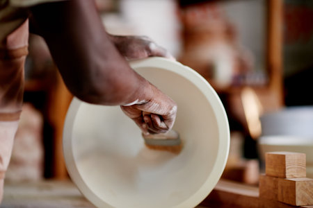 Workshop, pottery and painting of art, creative and hands with brush for color, retail or startup. Decoration, artist and person with skills for design, small business or talent for sculpture in shopの写真素材