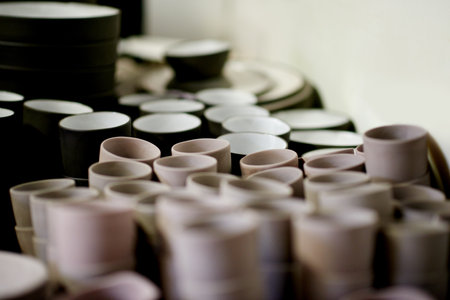 Collection, pottery and art in small business, design and handmade products for sale or creativity. Retail, craftsmanship and ceramics with color, creation and clay objects with decoration in startupの写真素材