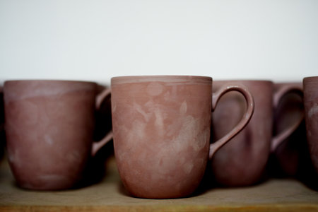 Pottery, ceramic and cups on shelf in studio for creative design, diy hobby and handicraft. Background, artwork and collection of mugs with space for decoration, texture and aesthetic in kitchenの写真素材
