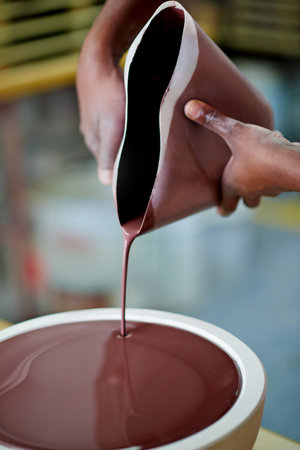 Hands, person and pouring paint for pottery process, glazing preparation and creative design. Potter, liquid and sculpture for manufacturing project, decoration pattern and artwork for productionの写真素材