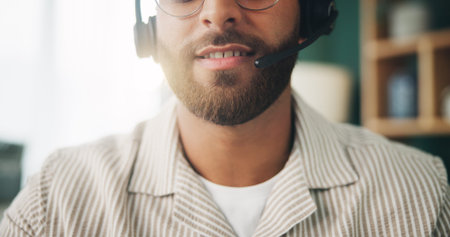 Mouth, man and headset for remote work, customer service or tech support in home. Agent, help and...