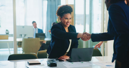 Woman, meeting or handshake in job interview with smile or manager for opportunity or hiring. Shaking hands, employment or employer greeting applicant for company internship or recruitment processの写真素材