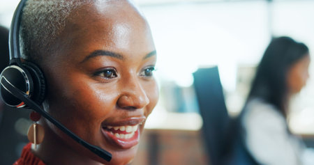 Call center, smile and woman with headset, talking and lead generation, conversation and consultation. Telemarketing, agent and person with tech for sales, communication and friendly for servicesの写真素材
