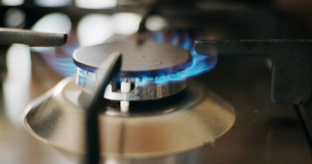 Kitchen, gas stove and closeup with fire for cooking, meal prep and service in restaurant. Blue...
