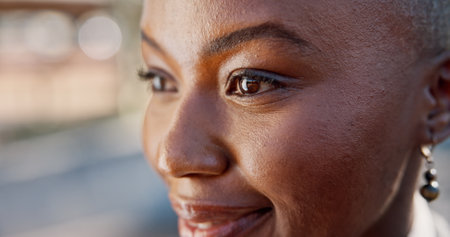 Black woman, face and eyes with thinking for vision, optometry or wellness with contact lenses for eyesight. Future, closeup and female person with optical solution, eyecare and ophthalmology spaceの写真素材
