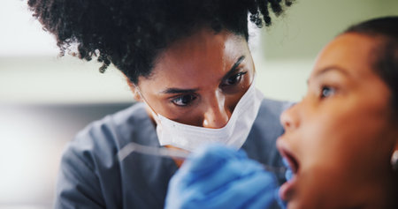 Dentist, child and check mouth with mirror for cleaning, inspection and help for oral care at clinic. Woman, girl and medical tools for dental assessment, exam and services for wellness at hospitalの写真素材