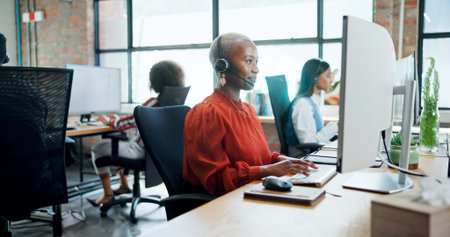 Call center, agent and woman with computer, lead generation and communication with contact for...