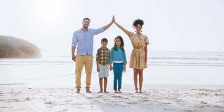 Portrait, outdoor and family with smile, beach and protection of children with cover, roof and...