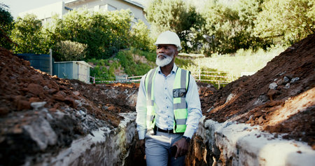 Thinking, black man and construction worker on site for planning repairs, renovation or building....