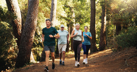 Running, group and people in woods, fitness and cardio with nature, workout and exercise. Health, athletes and runners in forest, wellness and energy with sprint, training or challenge with enduranceの写真素材