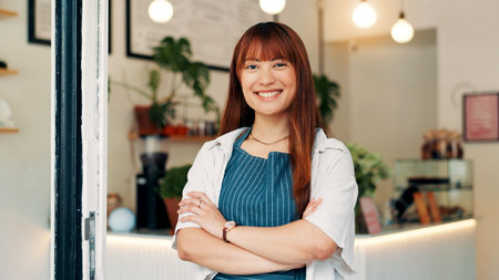 Portrait, smile and woman in restaurant, arms crossed or hospitality industry with friendly service....