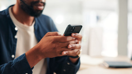 Businessman, hands and phone in office for contact, calendar update and scroll on networking...