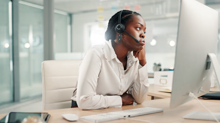 Bored, office and tired black woman in call center for contact us, crm service and customer support....