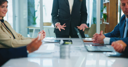 Hands, speaker or business people with proposal in presentation for funding, review or investment....