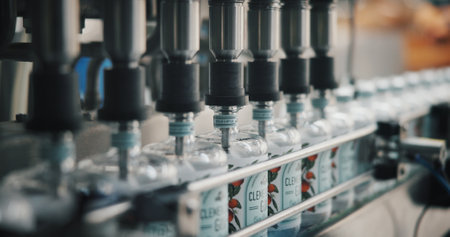 Machine, bottles and alcohol at distillery for production, manufacturing or gin drink in warehouse. Factory, packaging or beverage with equipment for supply chain, logistics or liquor filling processの写真素材