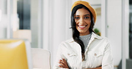 Portrait, confidence and Indian business woman in office with pride for career as fashion magazine...