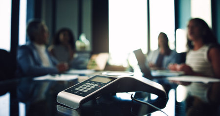 Conference call, meeting and phone with people in office together for communication. Collaboration, boardroom and virtual workshop with employee team at work for development, planning or strategyの写真素材