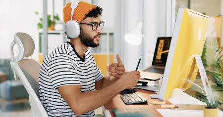 Computer, headphones and business man on video call for communication with social media analyst....