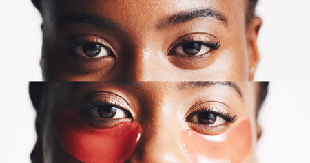 Portrait, collage and eye patches with black woman in studio for dermatology, self care and spa treatment. Glow, collagen mask and skincare with closeup of person on white background for facialの写真素材