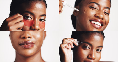 Collage, beauty and glow with black woman in studio for skincare treatment, serum benefits and hydration. Collagen, eye mask and lipgloss with person on white background for cosmetics and epilationの写真素材