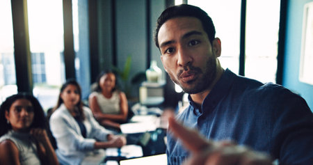 Meeting, presentation and discussion with business man in office for consulting, planning and advice. Portfolio, investor report and account update with person and teaching for team solution POVの写真素材