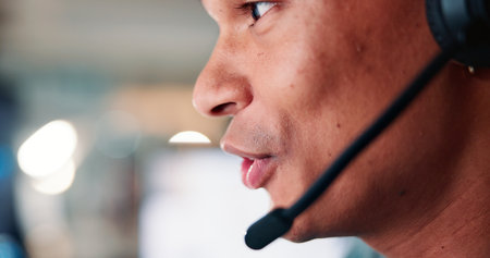 Business, microphone and man with closeup, call centre and conversation with advice. Happy person, employee and agent in office, consultation and headset with mouth, professional and telemarketingの写真素材