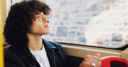 Thinking, man and window on bus in city for travel, public transport and view for sightseeing....