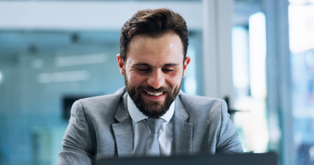 Happy, accountant or businessman on laptop for budget savings, risk assessment or research. Financial management, review or investment banker with technology for accounting, taxes or profit growthの写真素材